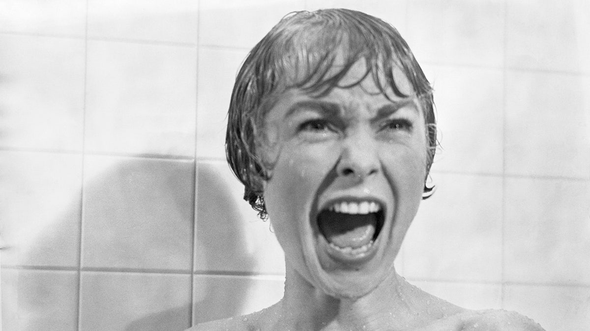 A close-up of Janet Leigh screaming in a scene from Psycho