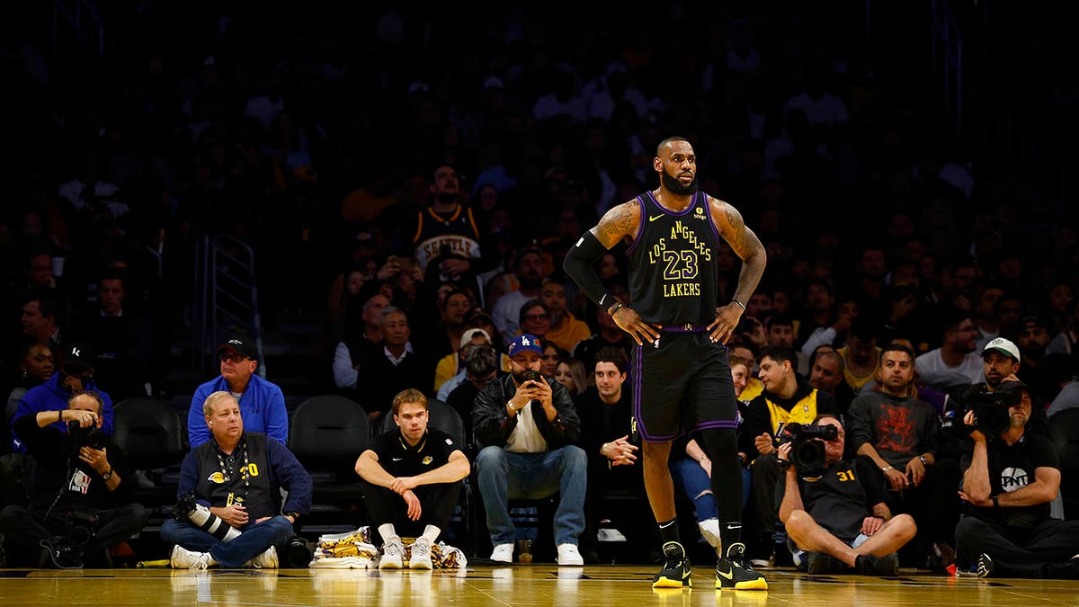 LeBron James looks on during a Lakers game