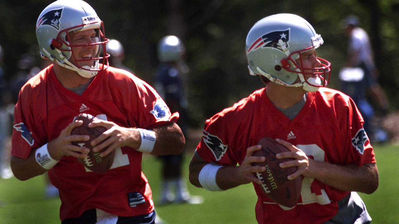 Drew Bledsoe and Tom Brady at practice