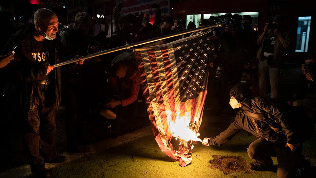 Lighting a U.S. flag on fire