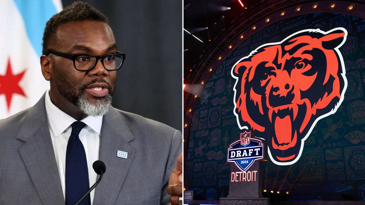Two split collage of Chicago Mayor Brandon Johnson on the left, and a logo of the NFL Chicago Bears on the right.