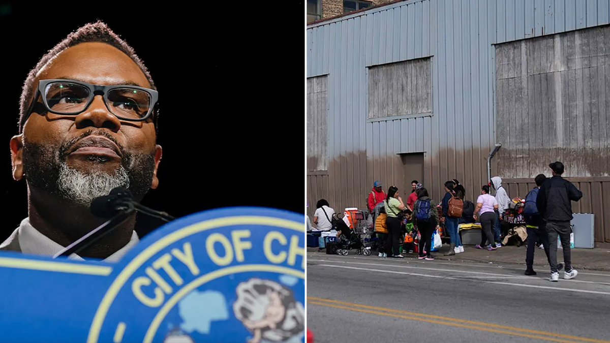 Two split collage of Mayor Brandon Johnson on the left, and migrants outside a Chicago shelter on the right.