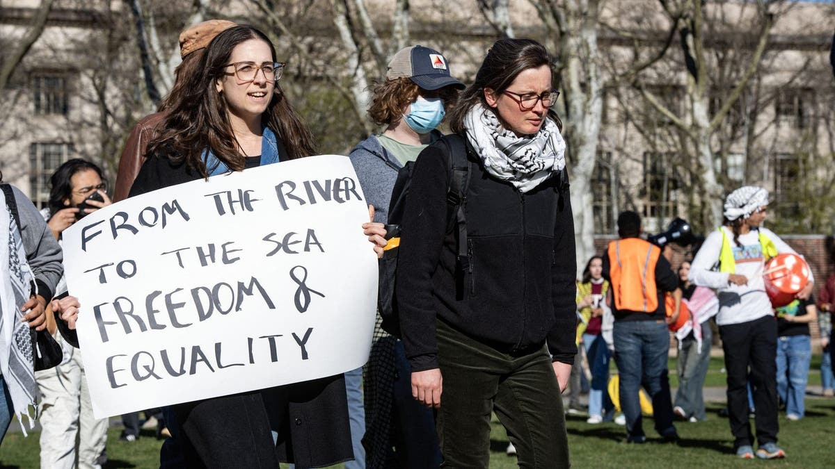 Harvard protesters carry "From the river to the sea" sign