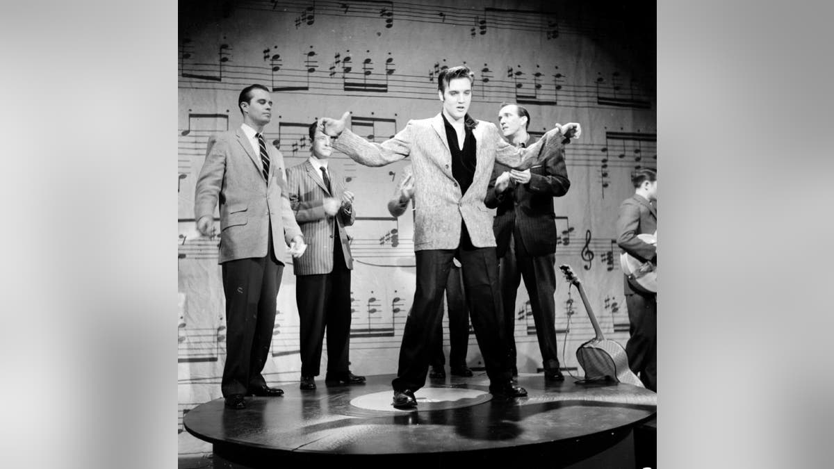 Elvis Presley performs on stage on the Ed Sullivan Show on January 6, 1957, in New York City. (Photo by Steve Oroz/Michael Ochs Archives/Getty Images)