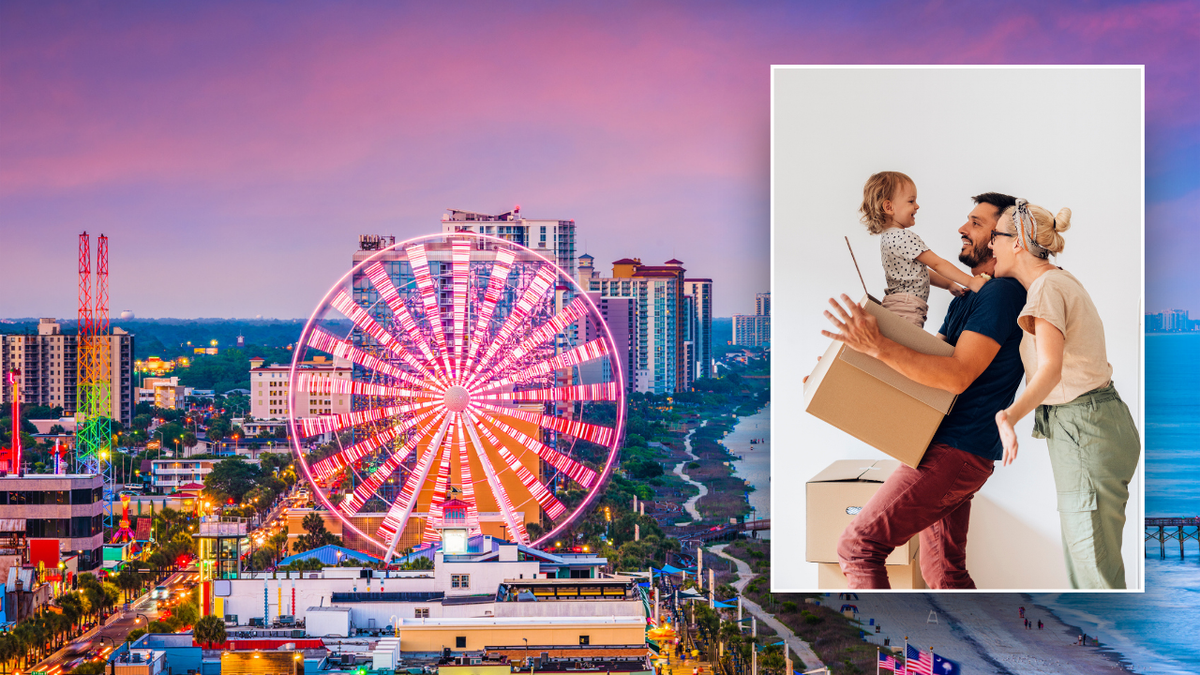 Split image of family moving and Myrtle Beach skyline