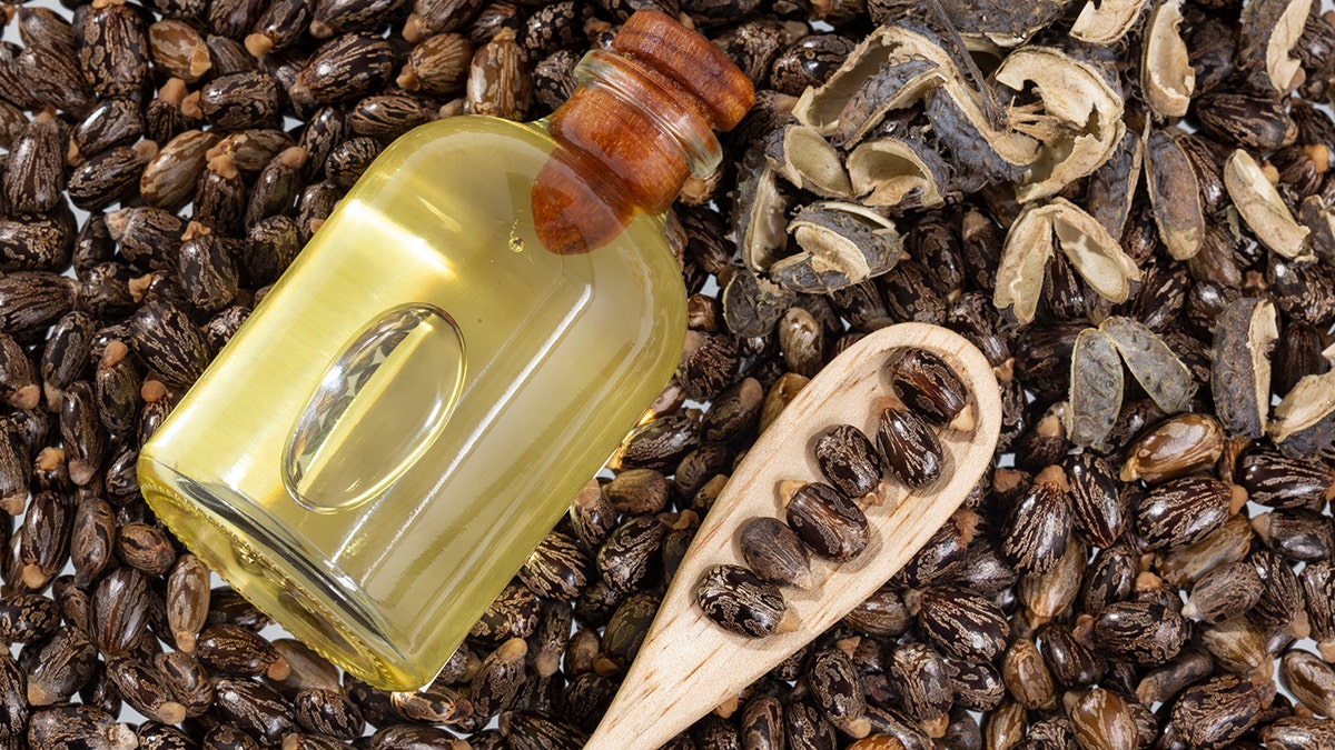 castor seeds on a spoon next to a bottle of castor oil